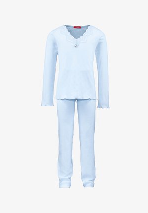 Light blue pajama set made of soft fabric. Features a long-sleeve top with scalloped neckline, and matching drawstring pants with subtle texture.