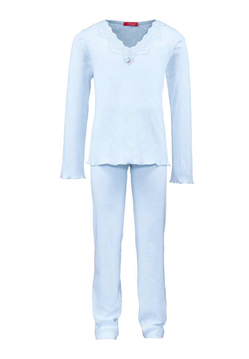 Light blue pajama set made of soft fabric. Features a long-sleeve top with scalloped neckline, and matching drawstring pants with subtle texture.