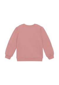 Roze sweatshirt met lange, opstaande mouwen en een geribbelde kraag. Zachte textuur, eenvoudig ontwerp, geen zichtbare patronen of hardware. Achteraanzicht.