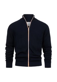 Marineblauer, gestrickter Reißverschlusscardigan mit strukturiertem Muster, gerippten Bündchen und Saum, akzentuiert durch ein orangenes Reißverschlussdetail.