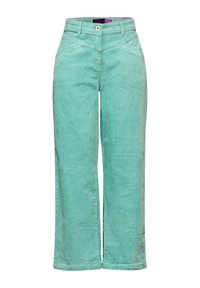 Groene corduroy wijde broekspijpen met een subtiele textuur, uitgerust met voorzakken en een enkele knoopsluiting aan de taille.