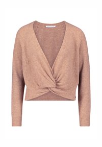 Rosenfarbener gestrickter Wickel-Top mit langen Ärmeln, V-Ausschnitt und gedrehtem Frontdetail, das über eine gerippte Textur verfügt.