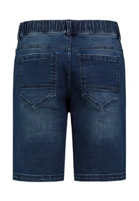 Denim shorts in dark blue with a smooth texture, featuring an elastic waistband and two back pockets with stitched detailing.