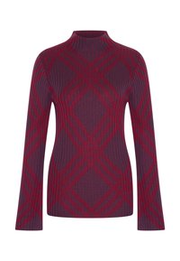 Maglione a coste di colore viola intenso con un motivo geometrico a rombi rossi, dotato di un colletto alto e maniche lunghe.