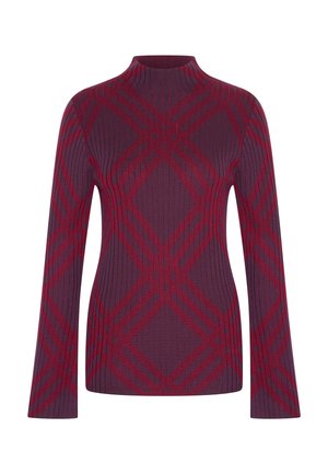 Maglione a coste di colore viola intenso con un motivo geometrico a rombi rossi, dotato di un colletto alto e maniche lunghe.