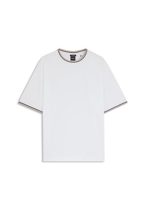 White short-sleeve T-shirt with black and beige striped trim on collar and sleeve cuffs, featuring a small black BOSS label inside collar.