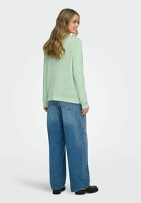 Mint green knitted sweater with a textured finish, paired with loose blue denim pants and black footwear, viewed from the back.