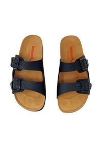 Sandali a scivolo neri sintetici con due cinturini regolabili, plantare in sughero e finitura liscia. Presentano fibbie in tonalità argento.