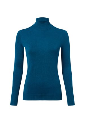 Türkiser Rollkragenpullover, aus glattem Strickstoff, taillierte Form, lange Ärmel, mit Rippdetails am Kragen und an den Bündchen.