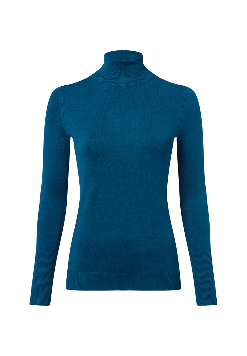 Miętowy sweter z golfem, wykonany z gładkiej dzianiny, dopasowany kształt, długie rękawy, z prążkowanymi detalami przy kołnierzu i mankietach.