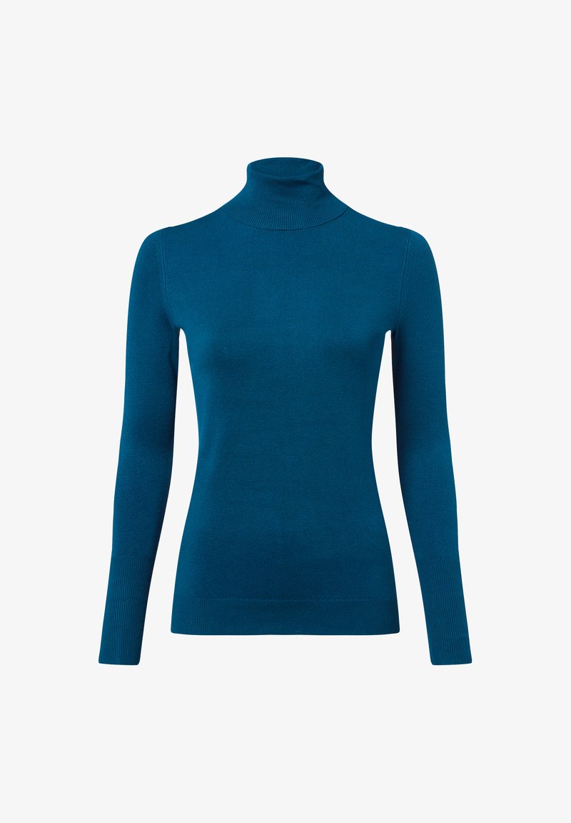 Miętowy sweter z golfem, wykonany z gładkiej dzianiny, dopasowany kształt, długie rękawy, z prążkowanymi detalami przy kołnierzu i mankietach.