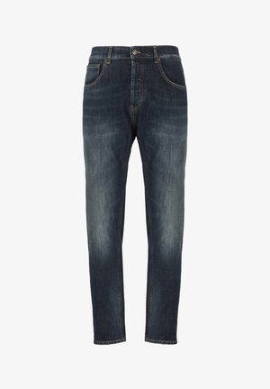 Jeans in denim slim-fit blu scuro sbiadito con tasche frontali, passanti per cintura e chiusura a bottone.
