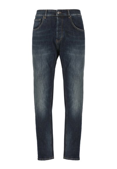 Jeans in denim slim-fit blu scuro sbiadito con tasche frontali, passanti per cintura e chiusura a bottone.