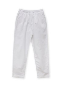 Pantalones de algodón blancos con cintura elástica, cierre de cuerda, bolsillo lateral, diseño de pierna ajustada y textura suave.