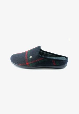 Ciabatta in lana color navy con un motivo a righe rosse e verdi, punta arrotondata, design slip-on e suola nera testurizzata per una buona presa.