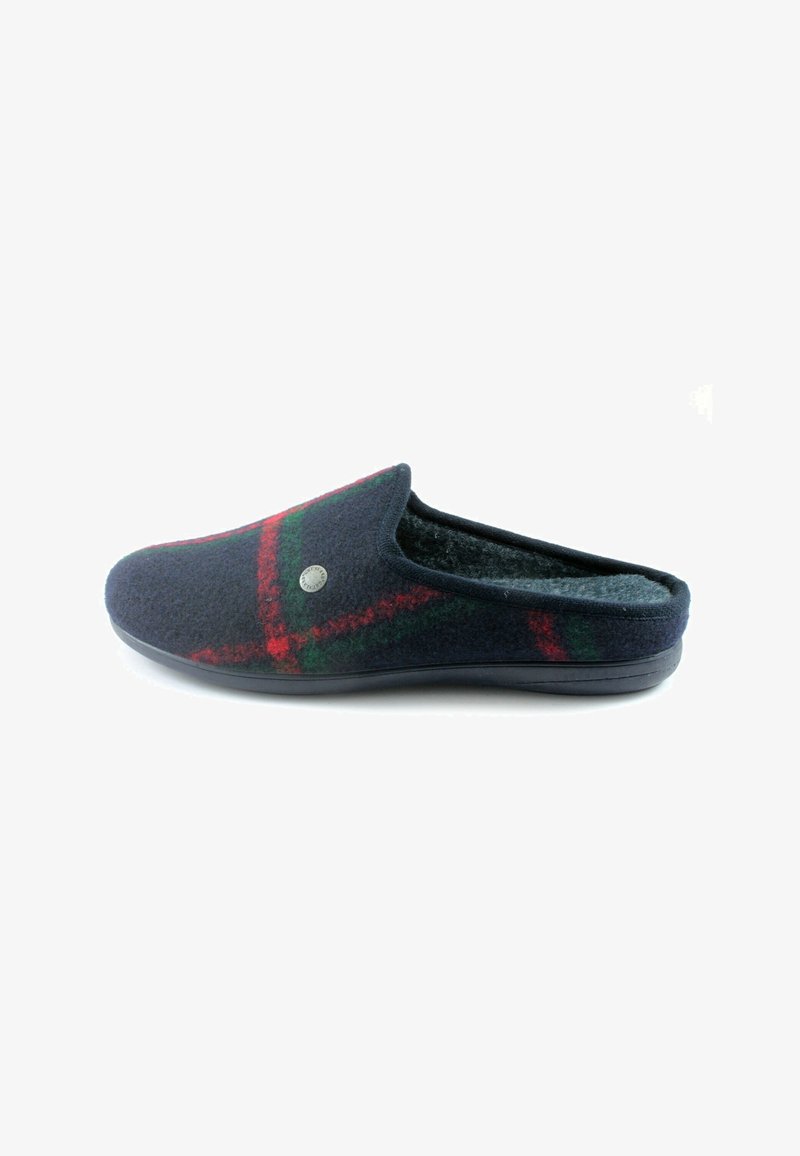 Ciabatta in lana color navy con un motivo a righe rosse e verdi, punta arrotondata, design slip-on e suola nera testurizzata per una buona presa.