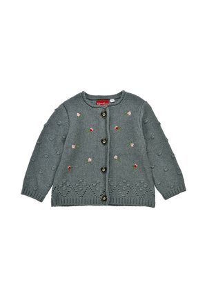 Grey knitted baby cardigan with heart-shaped buttons and small embroidered pink and red flowers on the front and sleeves.