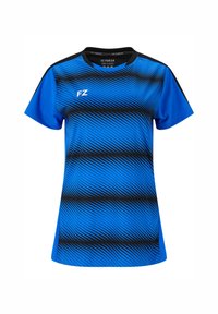 Kortärmad blå sporttröja med svart vågmönster, svart krage och vit "FZ"-logotyp på bröstet.
