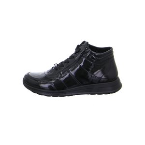 Black patent leather mid-top sneaker with side zipper, lace-up front, and cushioned sole for casual wear.
