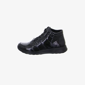 Black patent leather mid-top sneaker with side zipper, lace-up front, and cushioned sole for casual wear.