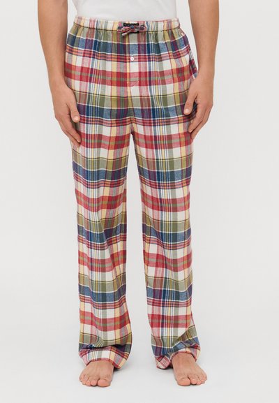 Pantaloni da pigiama a quadri con cintura con coulisse, caratterizzati da una combinazione di colori rosso, verde, blu e bianco. Realizzati in tessuto morbido e comodo.