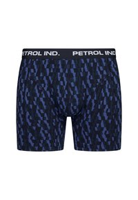 Boxer da uomo in blu navale con un motivo geometrico in diverse tonalità di blu. Presenta un cinturino nero con il logo "PETROL IND.".