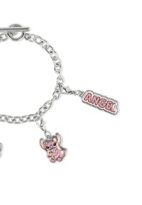 Zilveren schakelarmband met roze emaille hangers van een cartoonfiguur dat een ijsje vasthoudt en een roze "ANGEL" tag.