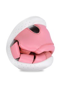 Guante de cuero rosa con un puño blanco. Textura suave, dos aberturas para los dedos y diseño flexible. Apto para diversas actividades.