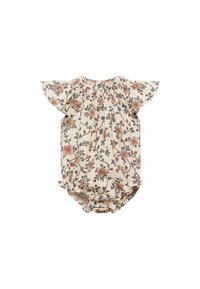 Blommönstrad jumpsuit i krämfärgad tyg, med fladdrande ärmar, samlad halsringning och volangdekoration vid benöppningarna.