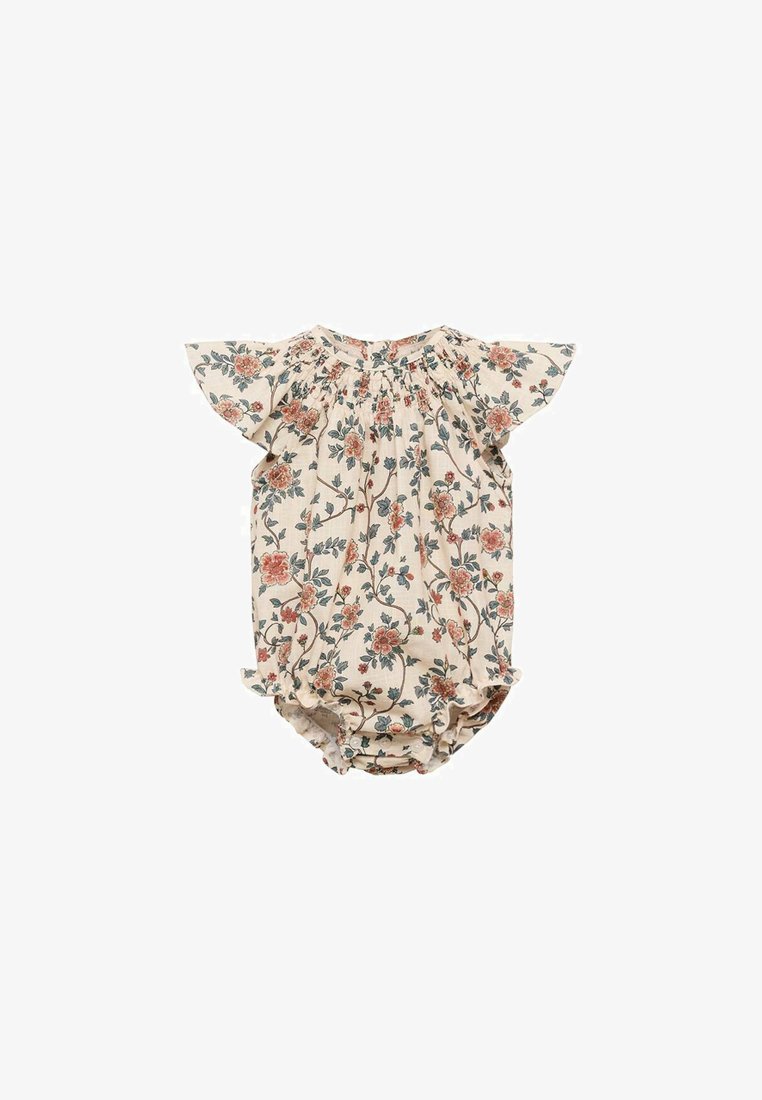 Rompers a fiori in tessuto crema, con maniche a sbuffo, scollatura arricciata e aperture delle gambe arricciate.