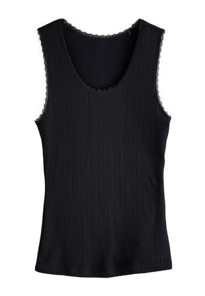 Schwarzes ärmelloses, geripptes Tanktop mit Spitzenbesatz am Ausschnitt und an den Armlöchern, flach auf weißem Hintergrund präsentiert.