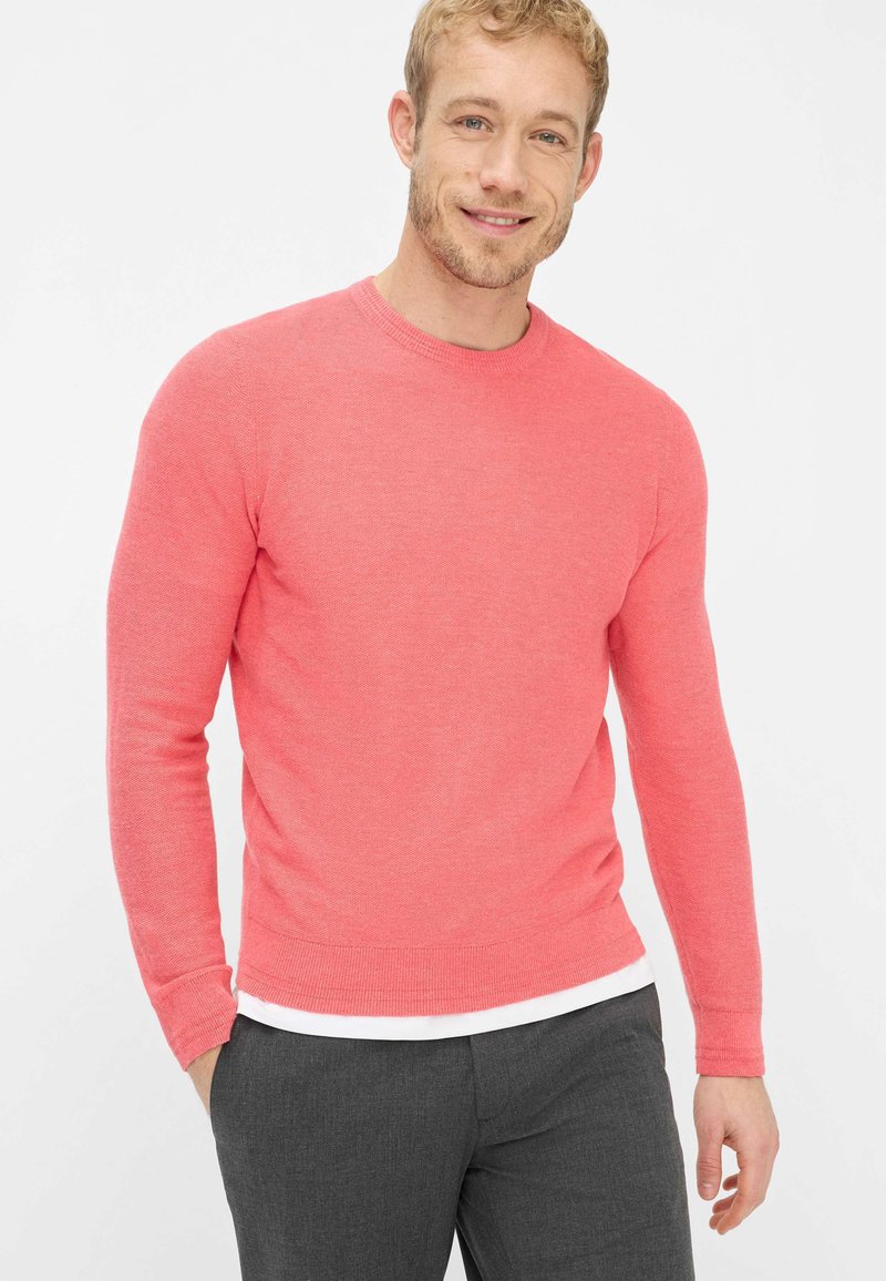 Korallenfarbener Strickpullover mit Rundhalsausschnitt und langen Ärmeln, mit strukturierter Oberfläche. Kombiniert mit grauen Hosen.