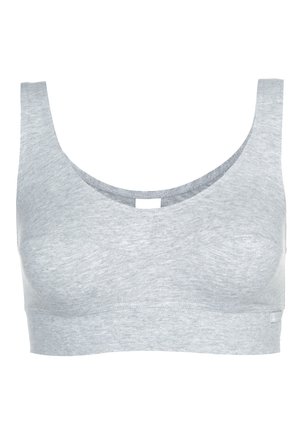 Gray cotton bralette with wide straps, rounded neckline, and seamless design. Soft texture, no fasteners, and a small label on the side.