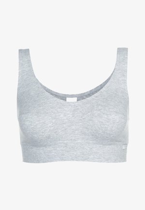 Graue Baumwoll-Bralette mit breiten Trägern, runder Ausschnitt und nahtlosem Design. Weicher Stoff, keine Verschlüsse und ein kleines Etikett an der Seite.