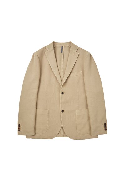 Beige linnen blazer met een notch-lapel, twee voorzakken en drieknoopmanchetten. Heeft een subtiele textuur en een eenvoudig ontwerp.