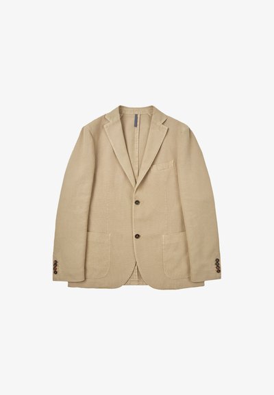 Beige linnen blazer met een notch-lapel, twee voorzakken en drieknoopmanchetten. Heeft een subtiele textuur en een eenvoudig ontwerp.