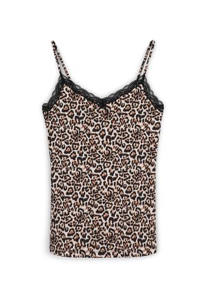 Camisole con stampa leopardata e rifiniture in pizzo nero, con spalline sottili regolabili e una texture di tessuto liscia.