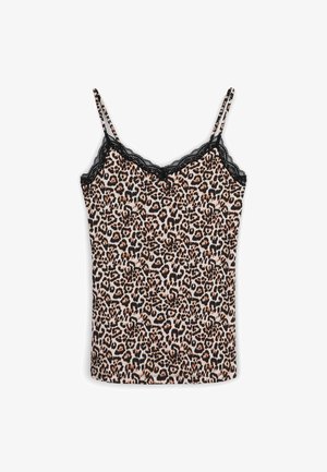 Camisole con stampa leopardata e rifiniture in pizzo nero, con spalline sottili regolabili e una texture di tessuto liscia.