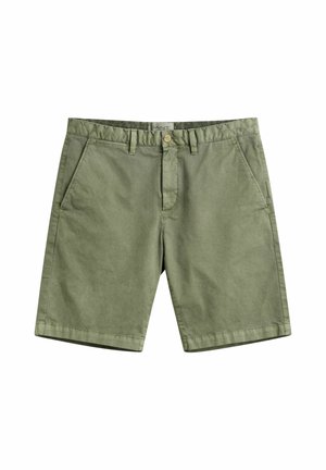 Legere Shorts in Olivgrün mit Vordertaschen, Gürtelschlaufen und einem einzelnen Knopfverschluss.