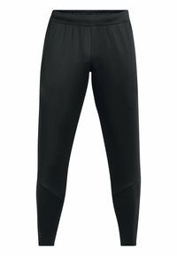 Svarta sportleggings med en åtsittande design, tillverkade av ett slätt syntetiskt material, med en bred midjeresår och diskreta sidodekorationer.