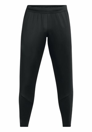 Juodos sportinės legging'os su prigludusia forma, pagamintos iš lygaus sintetinio audinio, turinčios plačią juosmenį ir subtilias šonines detales.