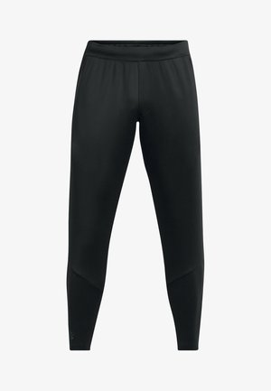 Leggings sportivi neri con un design aderente, realizzati in un materiale sintetico morbido, dotati di una vita alta e dettagli laterali discreti.
