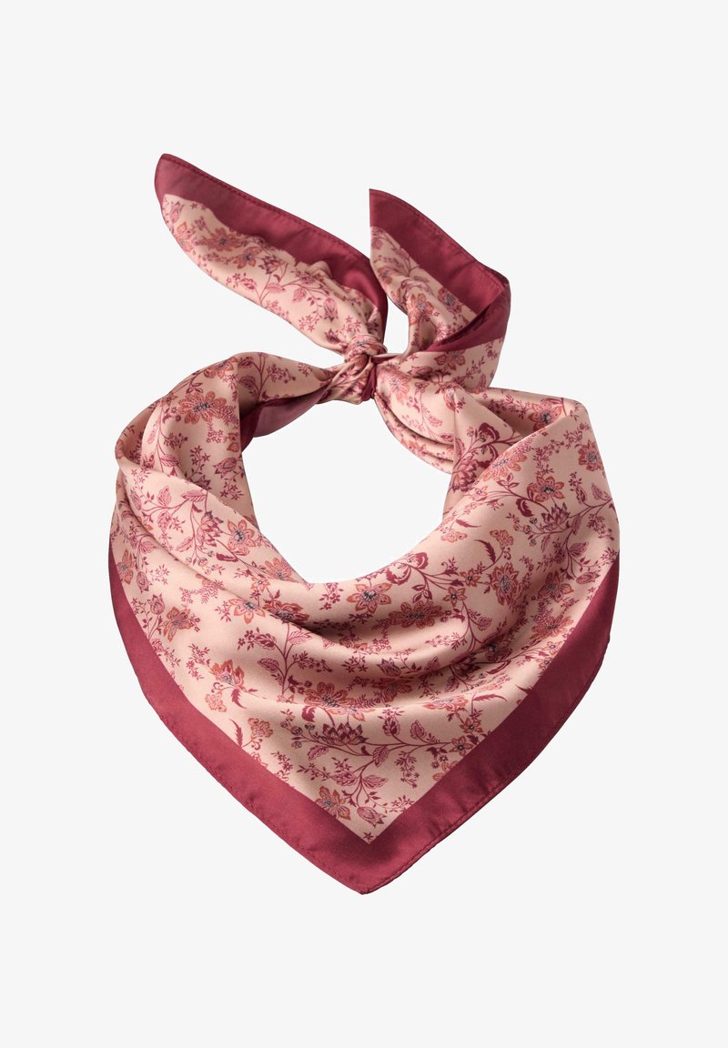 Silkkihuivi vaaleanpunaisena, burgundinreunuksilla, jossa on kukkakuosi lämpimissä sävyissä. Suunniteltu solmittavaksi.
