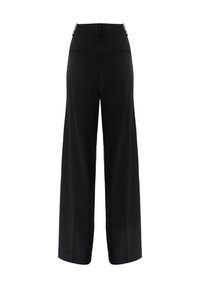 Schwarze weit geschnittene Hose mit hohem Bund, zwei Gesäßtaschen und Falten vorne für einen maßgeschneiderten Look. Glattes Material mit minimalem Zubehör.