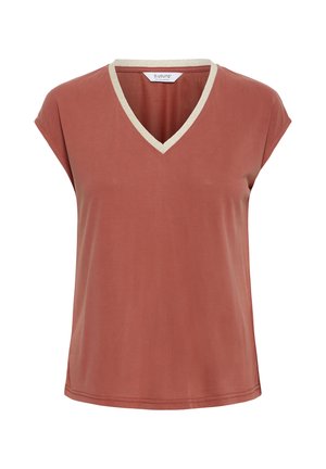 Lühikeste varrukatega roostevärvi V-kaelusega särk beežika äärega kaelusel, valmistatud pehmest kangast, valgel taustal eksponeeritud.