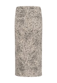 Jupe crayon beige avec un imprimé animal abstrait noir, présentant une texture lisse et une silhouette ajustée. Design mi-long.