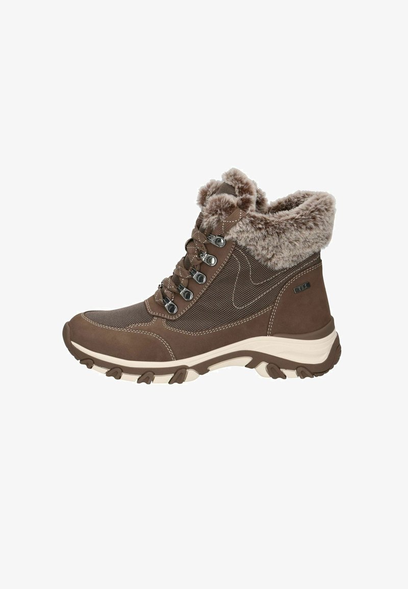 Stivale da trekking marrone con colletto in pelliccia sintetica, materiali in camoscio e rete, sei occhielli in metallo e suola in gomma robusta per una migliore aderenza.