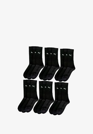 Packung mit 10 schwarzen Sportsocken mit geripptem Textur, versehen mit einem kleinen weißen Puma-Logo am Bund und verstärkten Zehen.