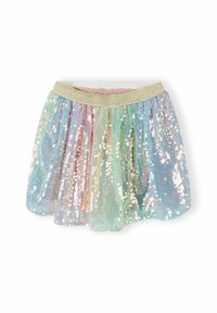 Mehrfarbiger Paillettenrock mit glänzendem, durchscheinendem Design, elastischem goldenen Taillenbund und geschichteter, fluffiger Textur.