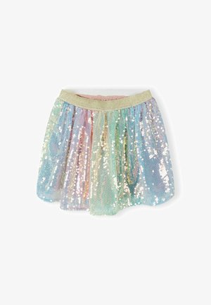 Falda multicolor de lentejuelas con un diseño brillante y translúcido, cinturilla elástica dorada y una textura en capas y esponjosa.